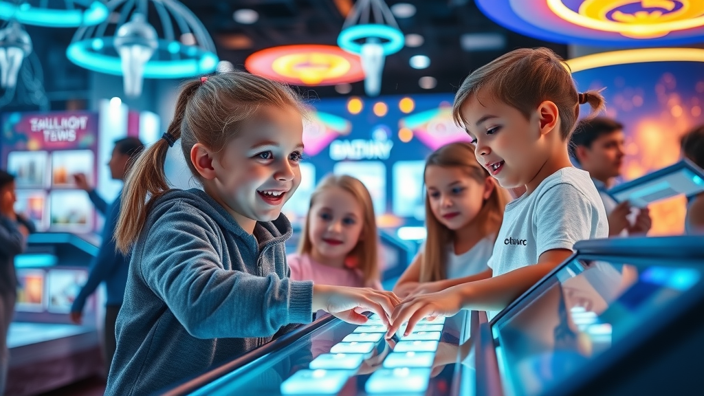 amazed children at WonderWorks Myrtle Beach, interactive science exhibits, colorful hands-on STEM learning
