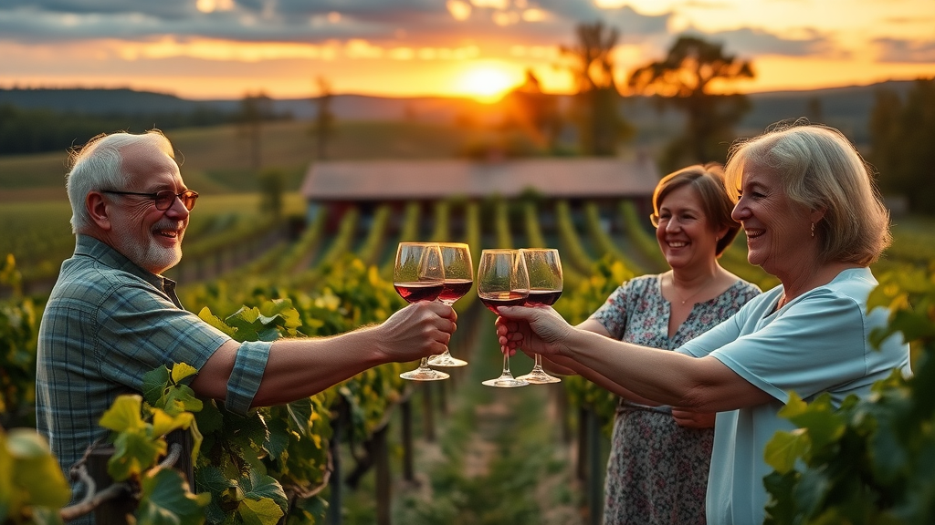 private Lowcountry vineyard at sunset, adults toasting wine glasses, hidden gem for Myrtle Beach area adults
