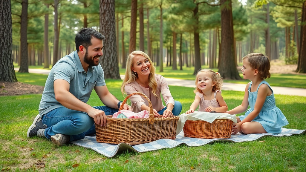 Family setting up picnic at Myrtle Beach State Park, affordable Myrtle Beach fun under 10
