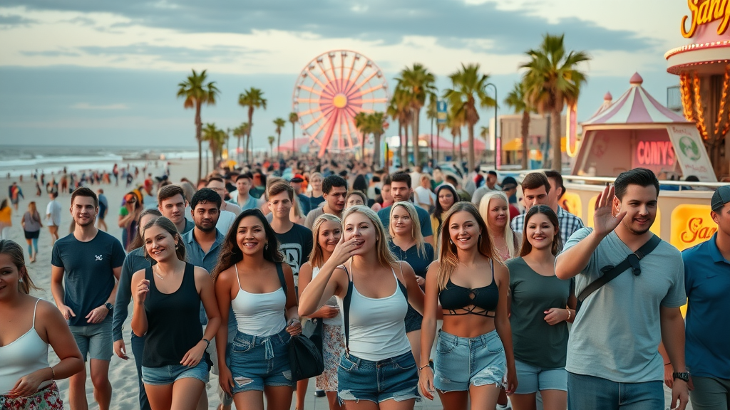 Vibrant crowd of young adults walking on Myrtle Beach Boardwalk enjoying things to do in Myrtle Beach for young adults