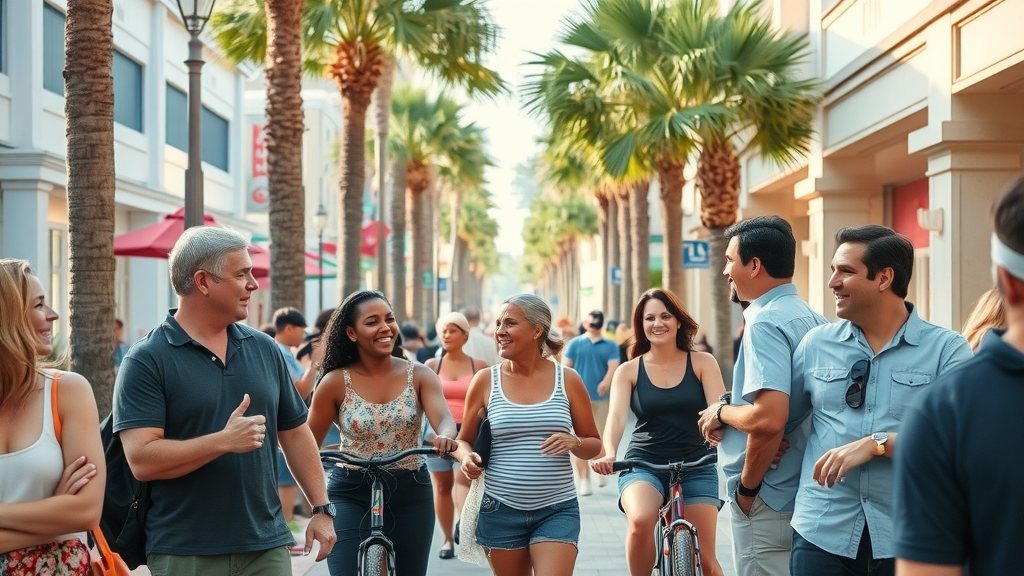 Living in myrtle beach downtown diverse community palm trees storefronts sidewalks