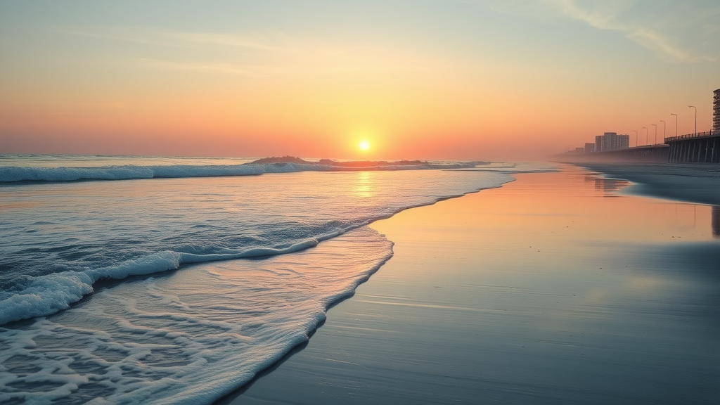Serene sunrise over Myrtle Beach shoreline with boardwalk in the distance, perfect for beach family experiences