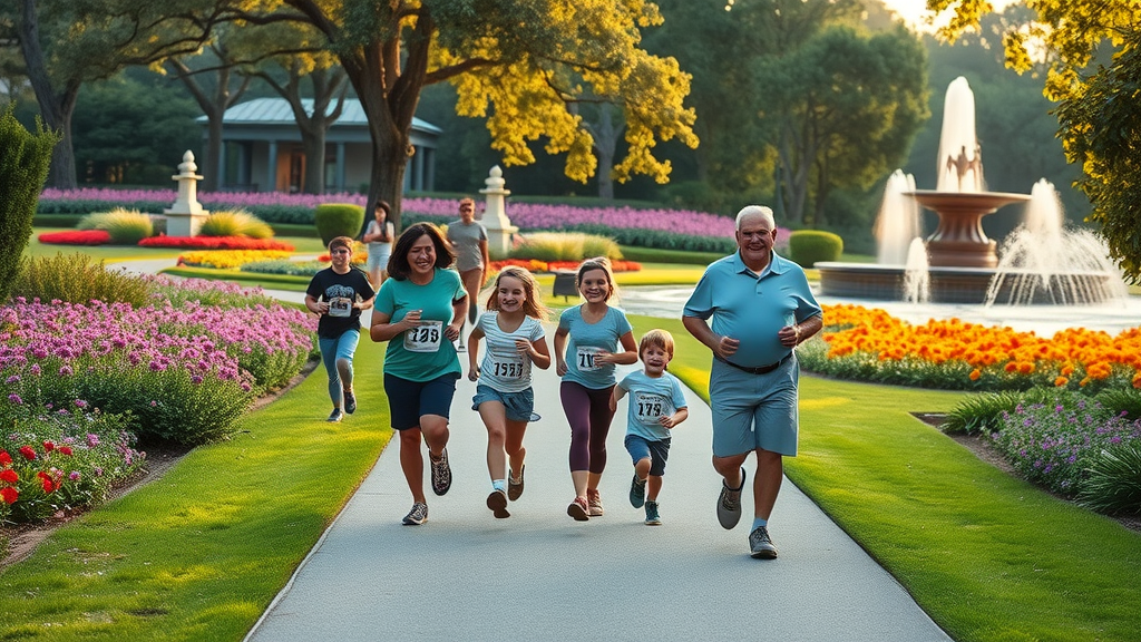 Families participating in brookgreen gardens labor day 5k amid gardens and fountains