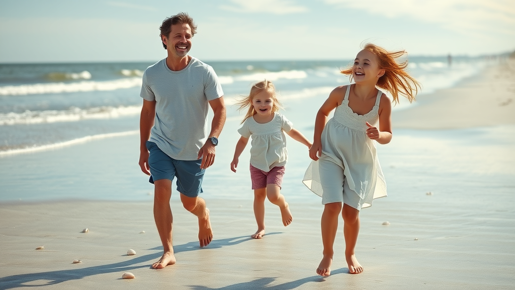 Young family exploring Myrtle Beach shoreline with kids under 5, sandy beach, seashells, and gentle waves. things to do in myrtle beach with kids under 5