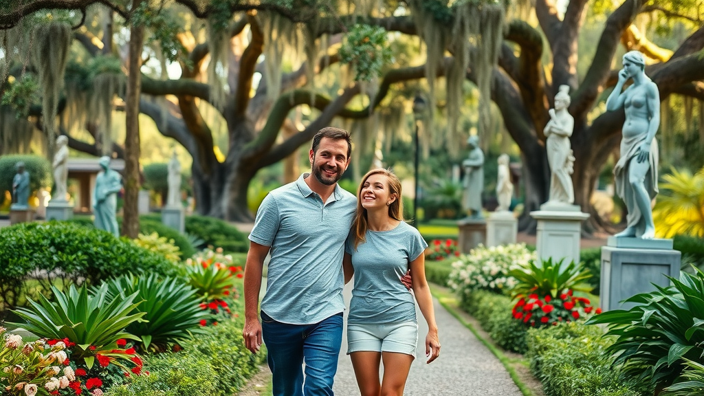 Happy couple strolling through Brookgreen Gardens by outdoor sculptures.