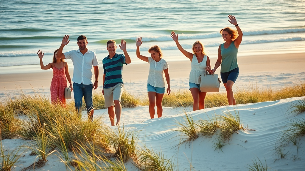 Family and friends waving goodbye from Myrtle Beach sand dunes, Myrtle Beach trip under 10