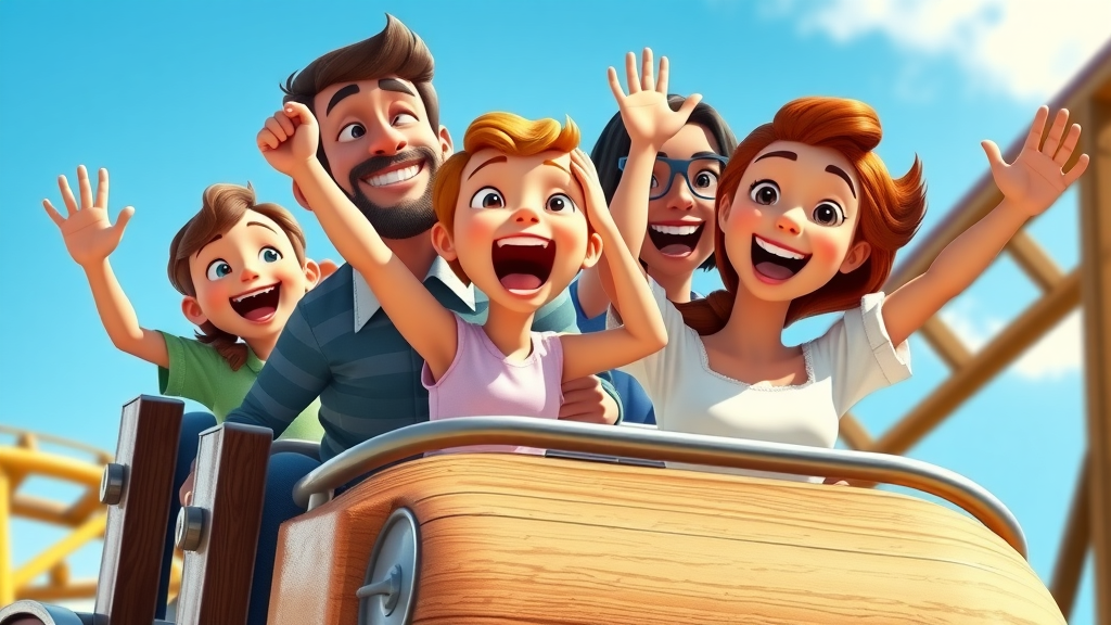 thrilled family riding roller coaster family kingdom, Myrtle Beach amusement park fun with ocean views