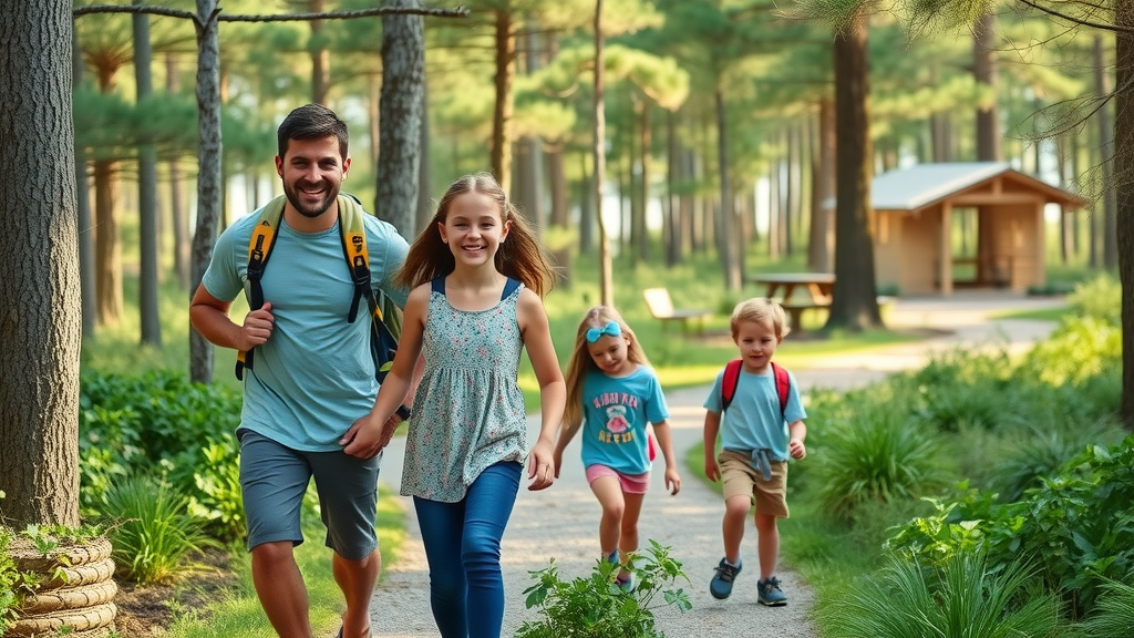 happy family hiking Myrtle Beach State Park trail, kids exploring nature, Myrtle Beach state park family adventure