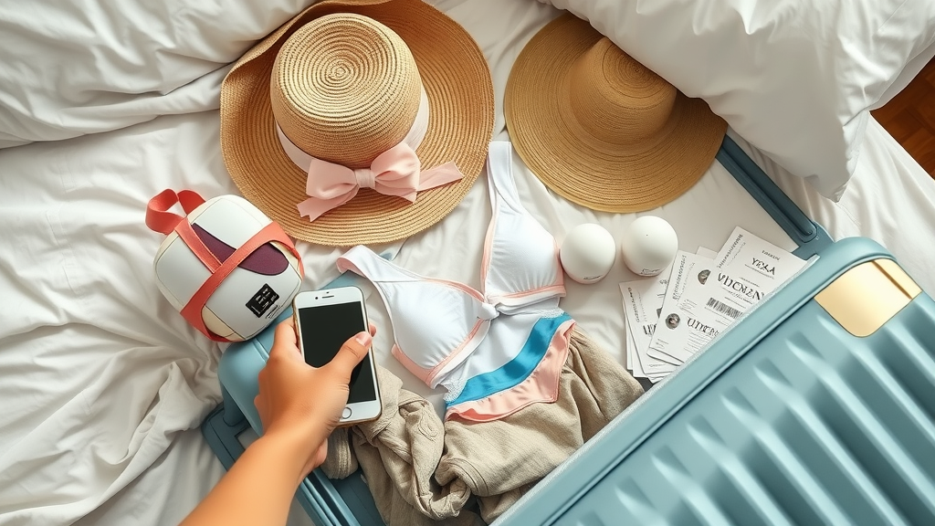 neatly arranged stylish travel items for beach getaway, Myrtle Beach adult travel essentials