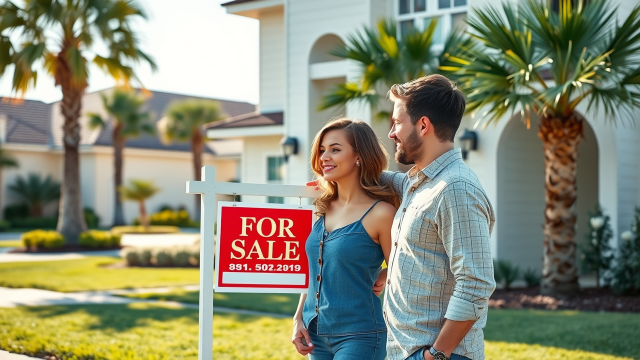 Homes for sale in Myrtle Beach young couple viewing for sale sign modern suburb