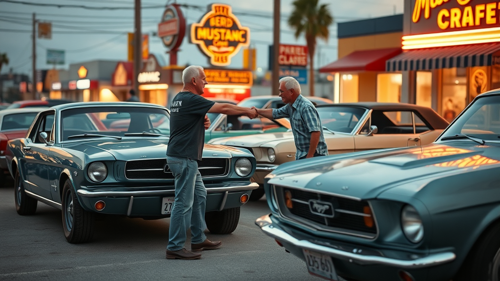 classic Ford Mustangs from different decades on Myrtle Beach street, owners and enthusiasts reminiscing together - mustang week myrtle beach