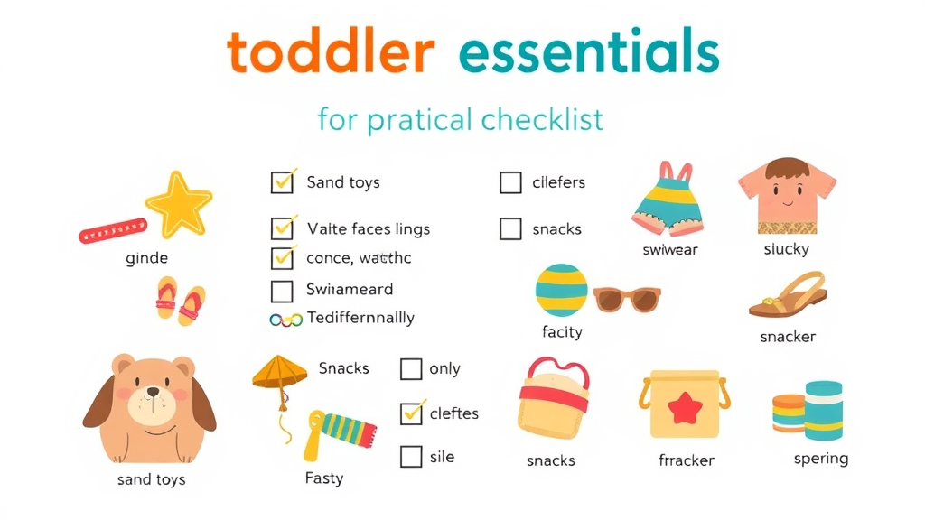 Checklist of travel essentials for Myrtle Beach with toddlers, illustrated, practical tips for families
