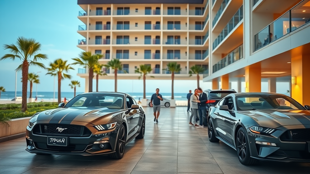 luxurious beachfront host hotel in Myrtle Beach, Mustangs lined up, happy guests, palm trees, blue sky - host hotel mustang week