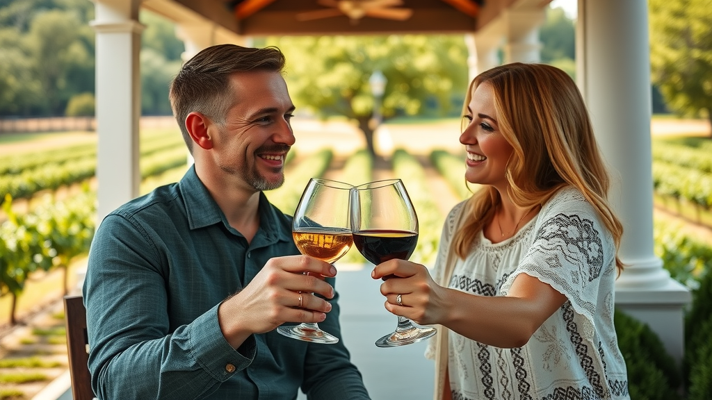 Charming couple clinking wine glasses at Duplin Winery in North Myrtle Beach.