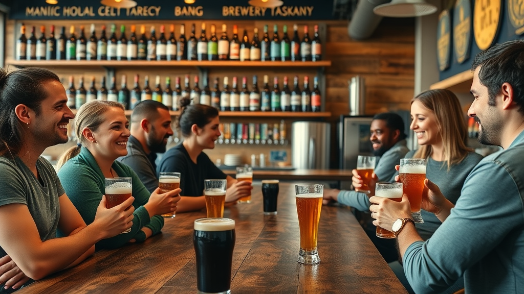 vibrant craft brewery in Myrtle Beach, adults sampling beer flights, craft beverage experience