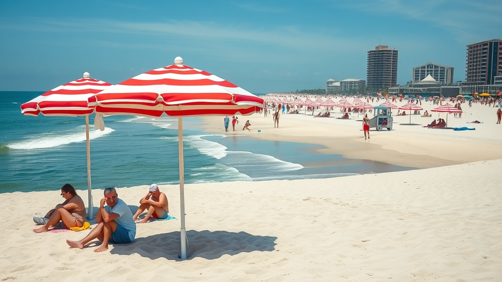 sunny Myrtle Beach shoreline families relaxing lifeguards present traditional beach umbrellas carefully staked in the sand clear blue ocean bustling beach scene