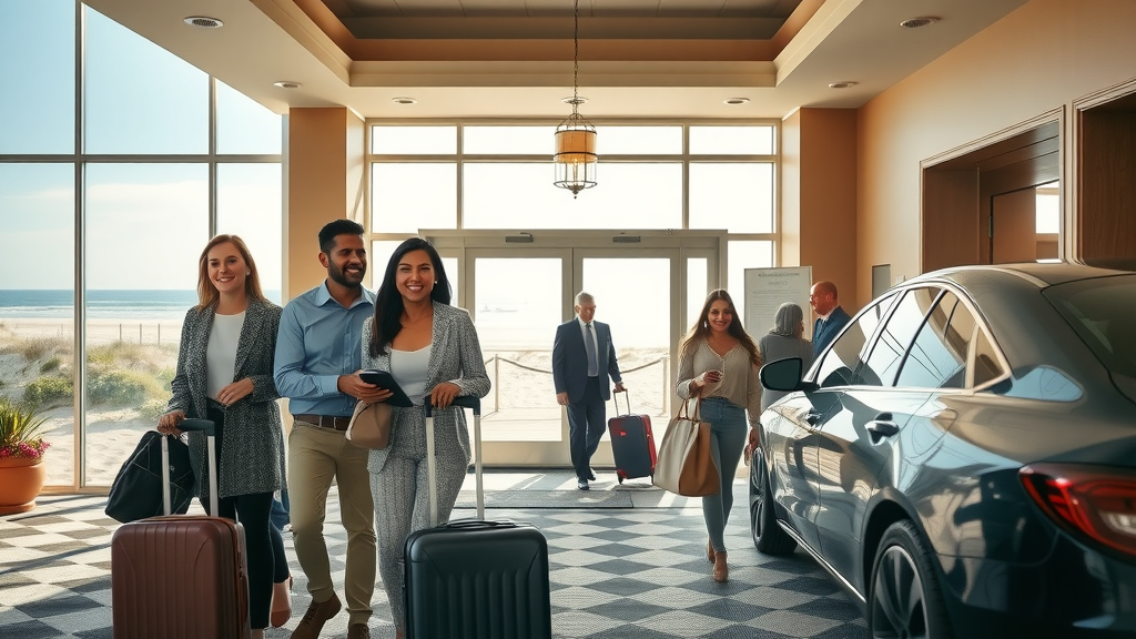 luxurious beachfront Myrtle Beach hotel, welcoming atmosphere, smiling guests arriving with suitcases, backdrop of sand dunes and ocean
