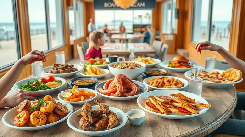 Delicious spread of family-friendly Myrtle Beach restaurant dishes, perfect for beach families