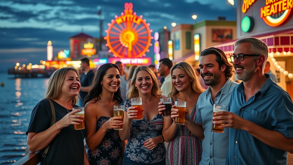 vibrant Myrtle Beach nightlife along the waterfront, happy mixed-age adult group, laughing and raising drinks, boardwalk with neon lights glowing, lively crowds, dusk setting, Myrtle Beach main keyword