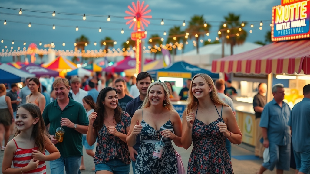 bustling Myrtle Beach festival with families and teens enjoying live music, smiling and dancing, exploring food stalls, beachside park, musicians performing, festive banners, highly detailed.