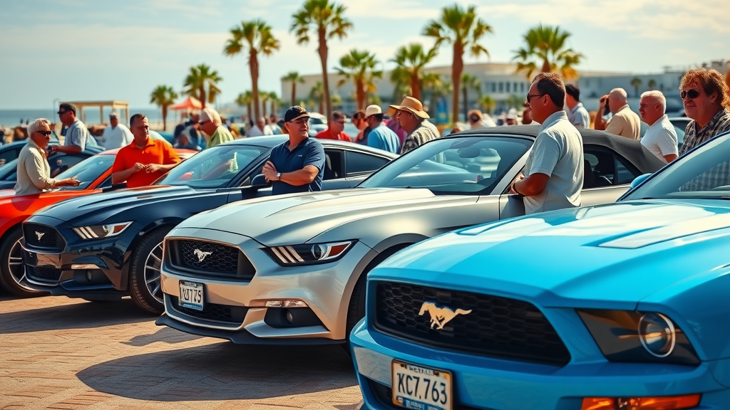 dynamic Mustang car meet at Myrtle Beach, excited Mustang owners chatting near their iconic cars, vibrant Myrtle Beach boardwalk background with palm trees and ocean