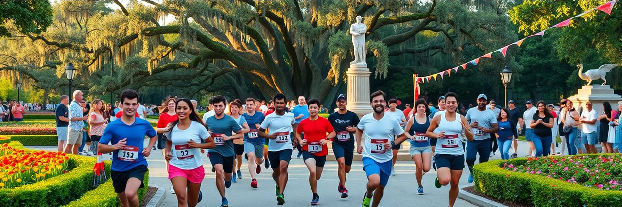 Runners crossing finish at Brookgreen Gardens Labor Day 5K in vibrant gardens.