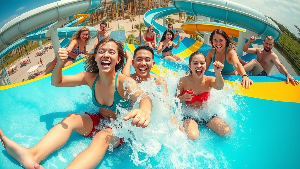 energetic teens riding water slides at Myrtle Waves water park, laughing and energetic, splashing down a twisting slide, fun things to do with teens in myrtle beach (2025), expansive pools and palm trees.