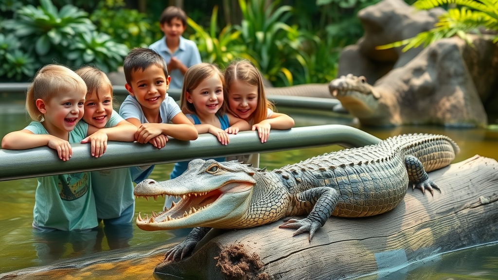 excited kids observing alligators north myrtle beach, alligator adventure wildlife, lush reptile enclosure with children watching, high detail Myrtle Beach