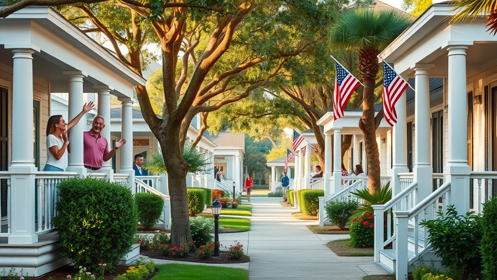 Myrtle Beach neighborhood residents waving chatting welcoming homes tree-lined street