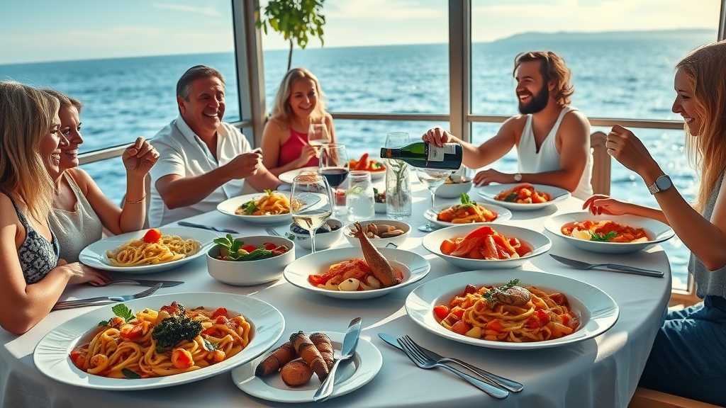 Italian seafood and pasta dishes on waterfront restaurant table, group of friends dining, Myrtle Beach