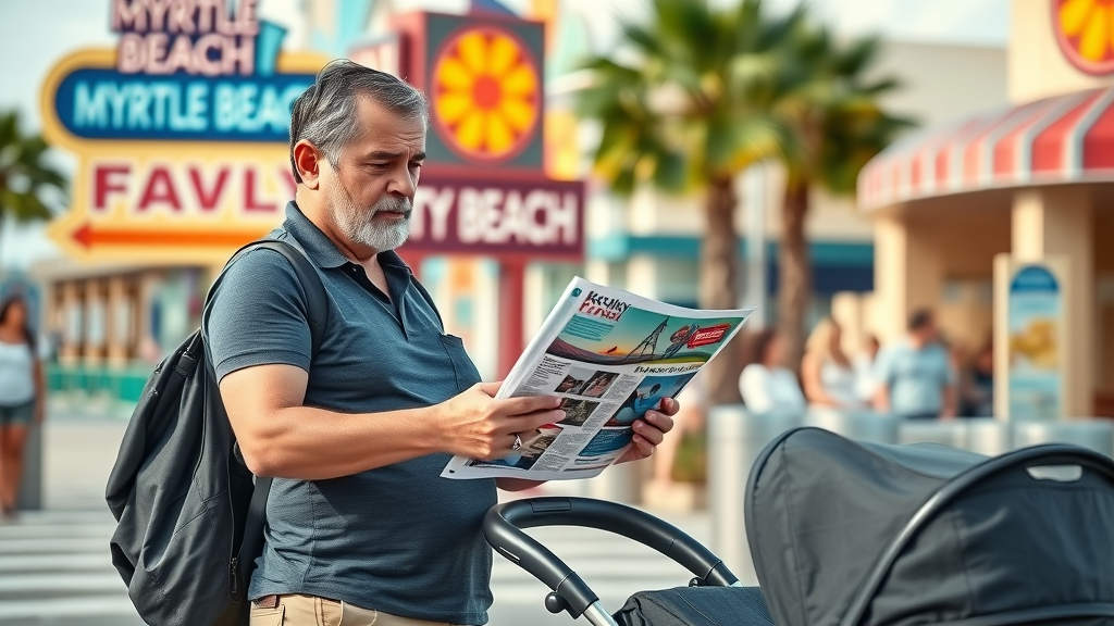 Parent with stroller consulting map and brochures at Myrtle Beach attraction, ready for family fun with young kids.