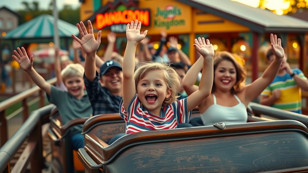 Excited family riding the Swamp Fox roller coaster, classic Family Kingdom Amusement Park highlight in Myrtle Beach