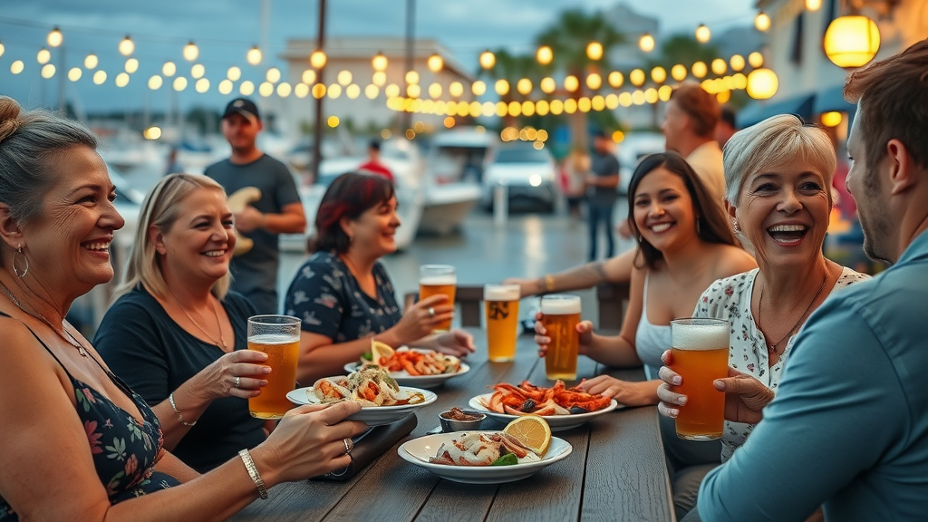 lively Murrells Inlet MarshWalk, adults enjoying seafood and craft beer, live music on a picturesque marina, Murrells Inlet nightlife keyword