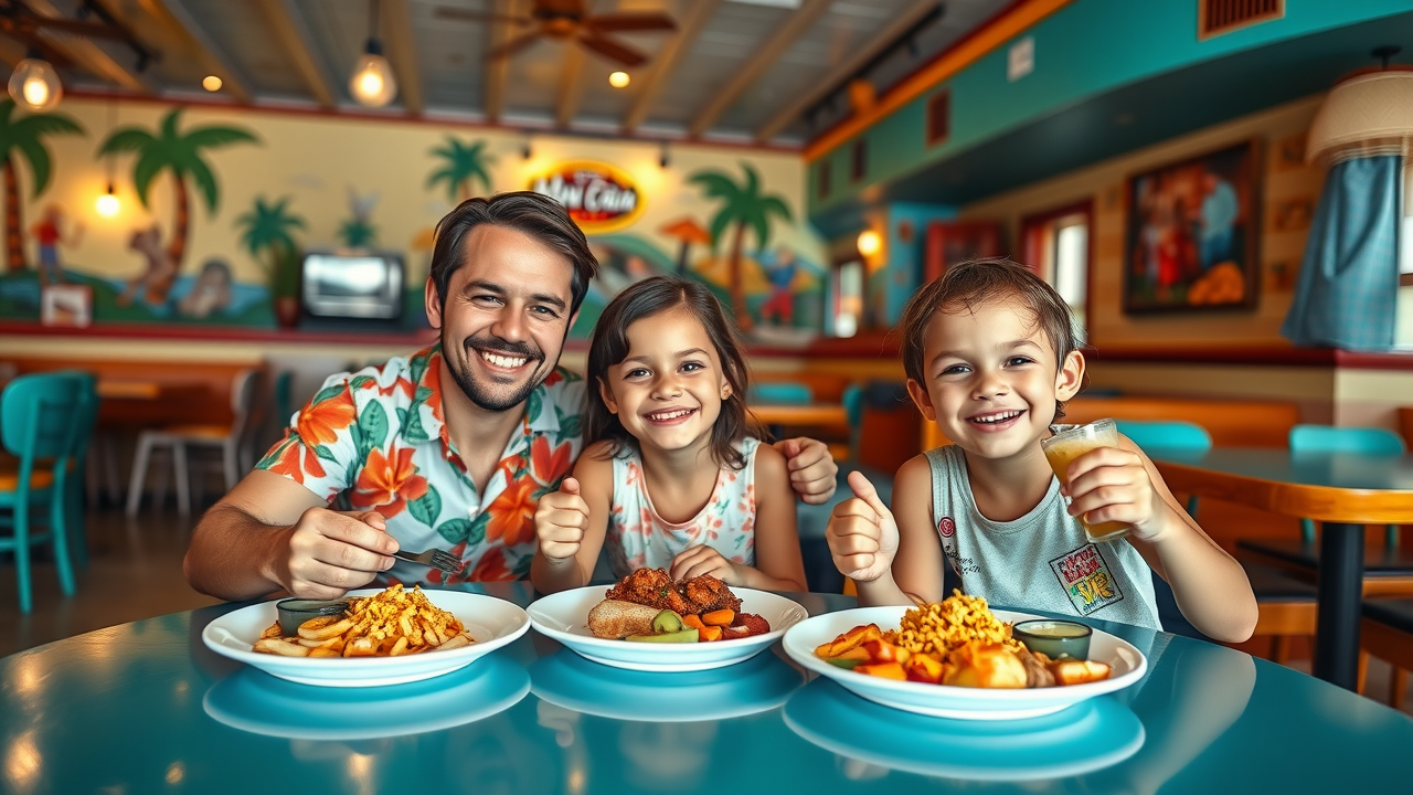 Family dining with kids in Myrtle Beach tropical-themed restaurant, kid-friendly food
