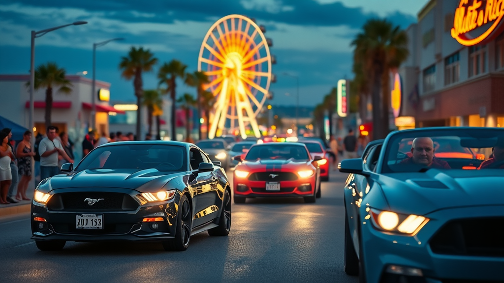 Mustang parade on Ocean Boulevard at Myrtle Beach Mustang Car Show 2025, evening lights.