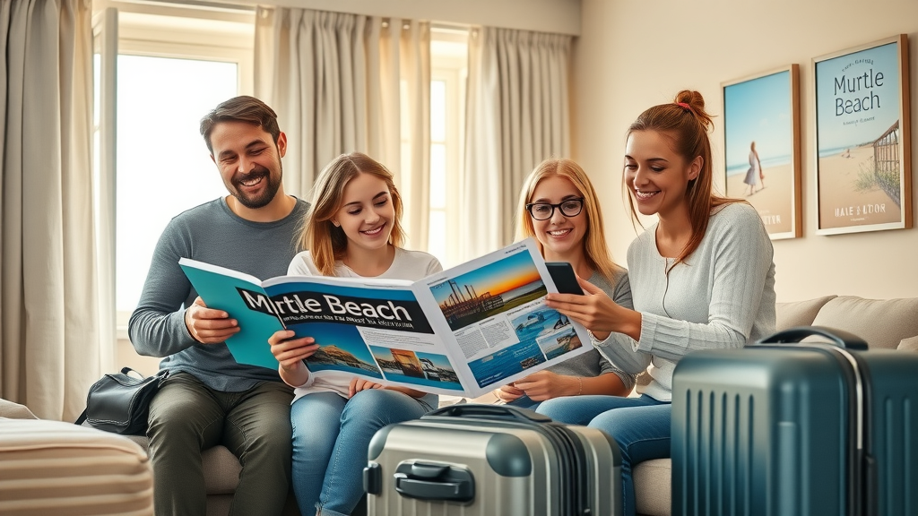 happy family with teenagers planning Myrtle Beach activities, united and excited, using a guidebook and digital devices, fun things to do with teens in myrtle beach (2025), cozy hotel room, Myrtle Beach posters, ocean view.