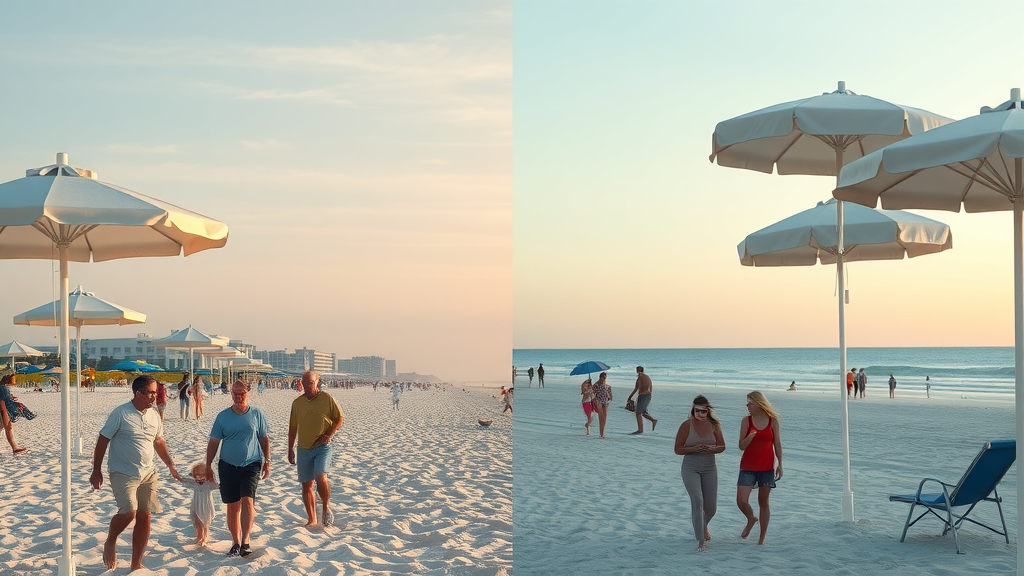 contrasted split scene North Myrtle Beach and Surfside Beach traditional umbrellas both sides different umbrella styles soft dunes shoreline background families pastel colors evening light