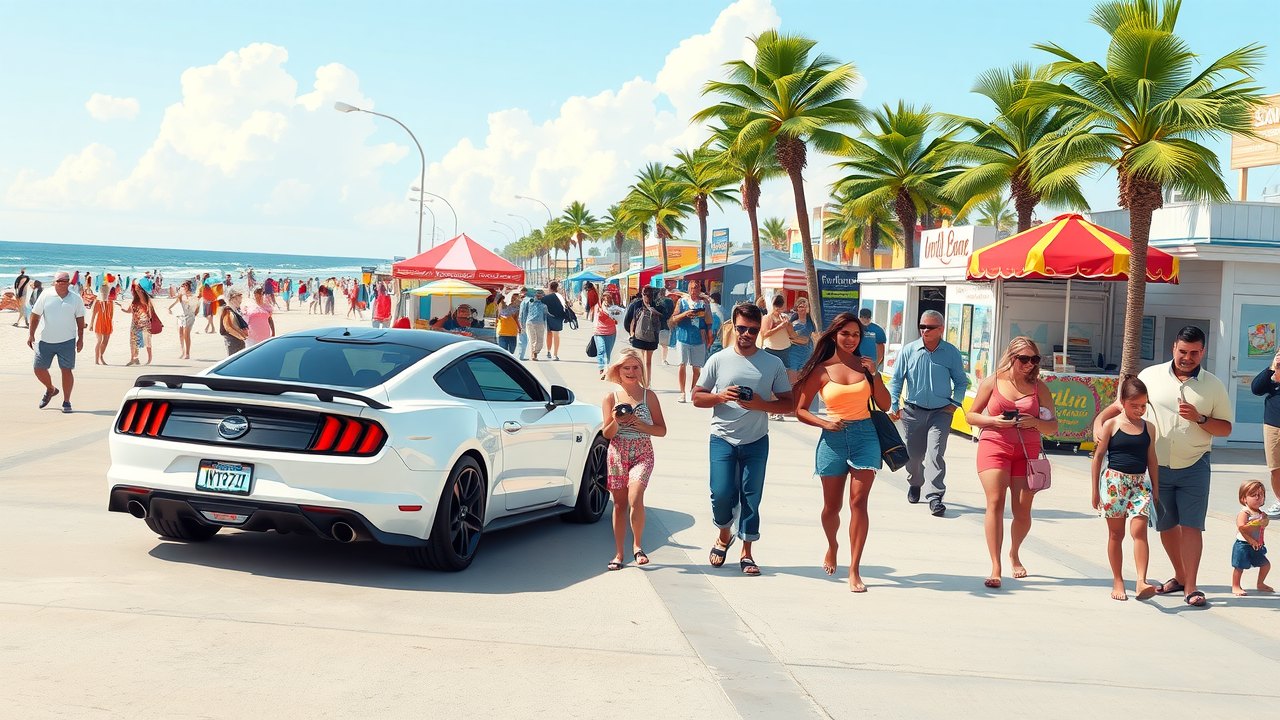 Mustang parked on Myrtle Beach Ocean Blvd, festival crowd, families, event booths, local food - mustang week essentials myrtle beach mall