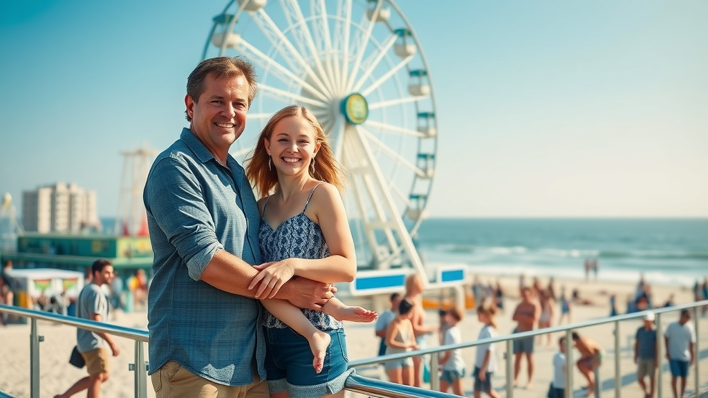 Charming family posing near Myrtle Beach SkyWheel, ocean view, and busy boardwalk—iconic Myrtle Beach family experience