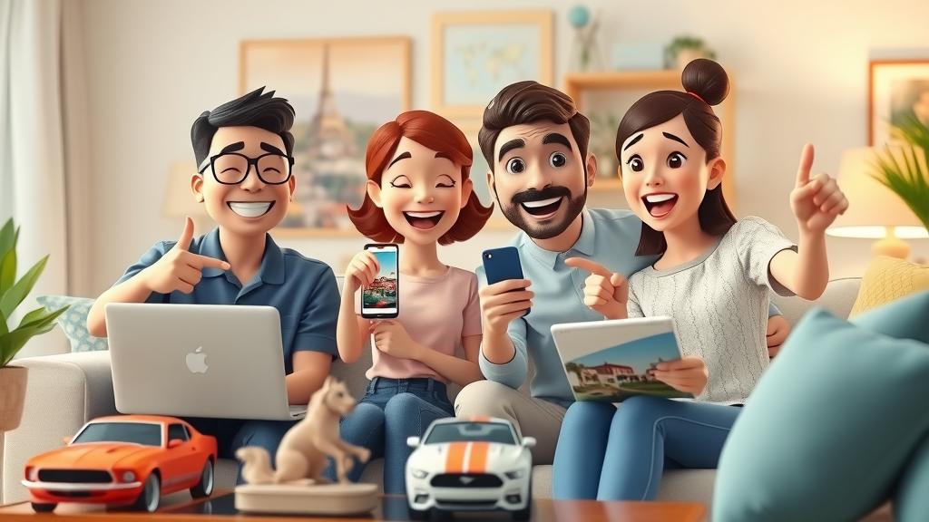 family and group of friends booking hotel rooms online together for Mustang Week, travel brochures and Mustang model cars