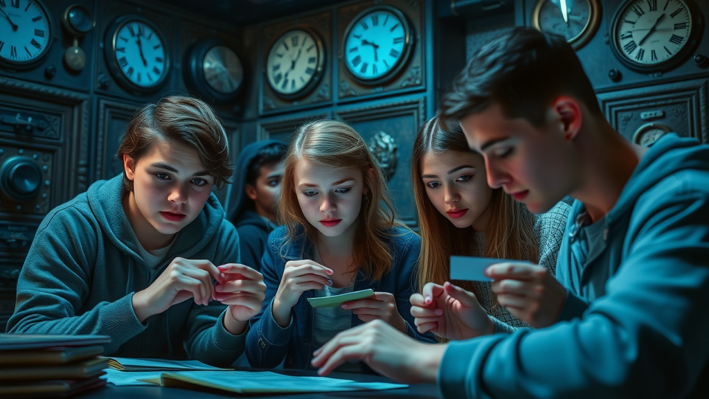 immersive escape room setting with diverse teens solving puzzles, focused and excited, examining clues, Escape Game Myrtle Beach, intricate themed décor and countdown clock, dramatic blue lighting.