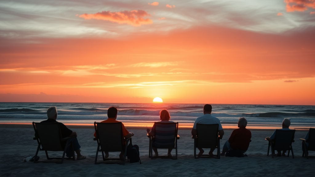 Sunset in Myrtle Beach people relaxing beach chairs orange sky ocean view