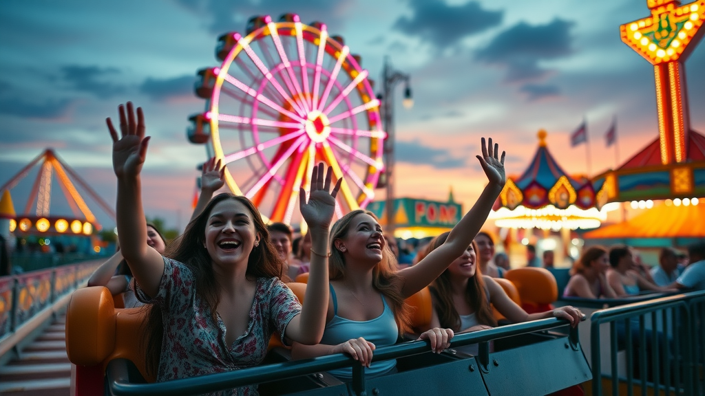 colorful amusement park at dusk filled with teens on roller coasters, laughing and screaming, waving arms, Family Kingdom and bright carnival rides, highly detailed, twilight glow.