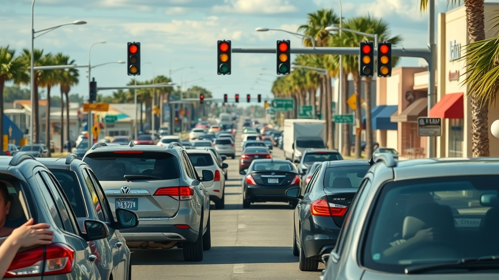 Myrtle Beach summer traffic crowded roadway vehicles heat palm-lined boulevard