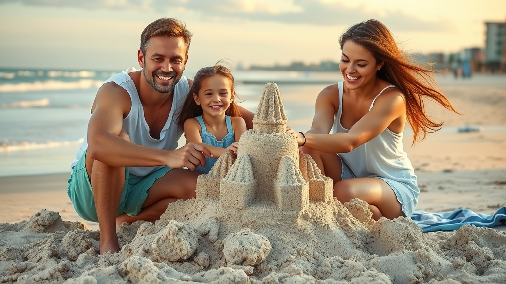 Vibrant family enjoying beach family fun at Myrtle Beach, building sandcastle, Myrtle Beach boardwalk in background