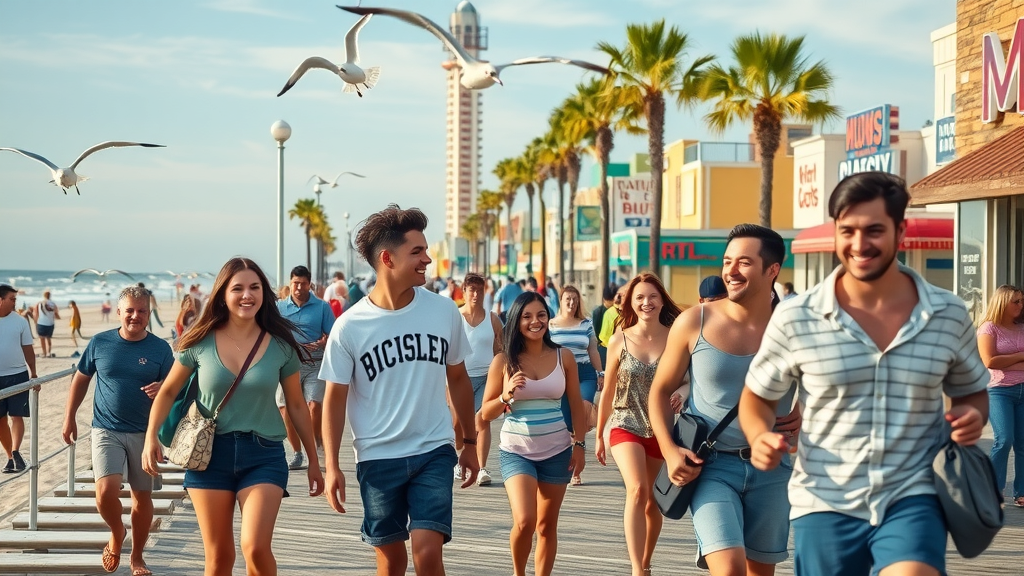vibrant Myrtle Beach boardwalk bustling with teens and families enjoying fun things to do with teens in Myrtle Beach (2025), joyful expressions, walking and laughing, ocean view with palm trees and colorful shops, highly detailed, beachgoers and seagulls in motion, bright afternoon sunlight.