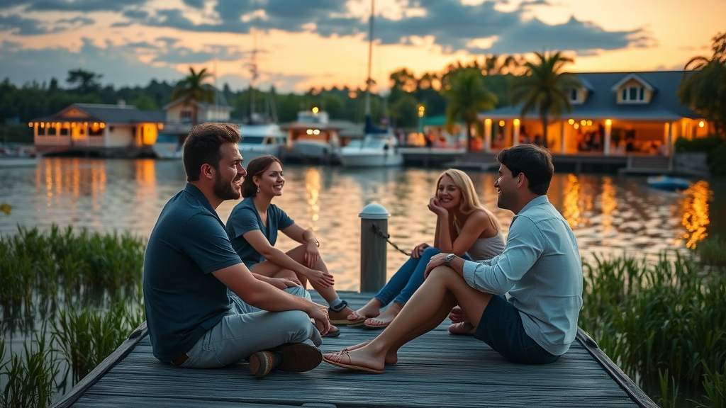 Relaxed young adults enjoying sunset at Murrells Inlet for day trips from Myrtle Beach