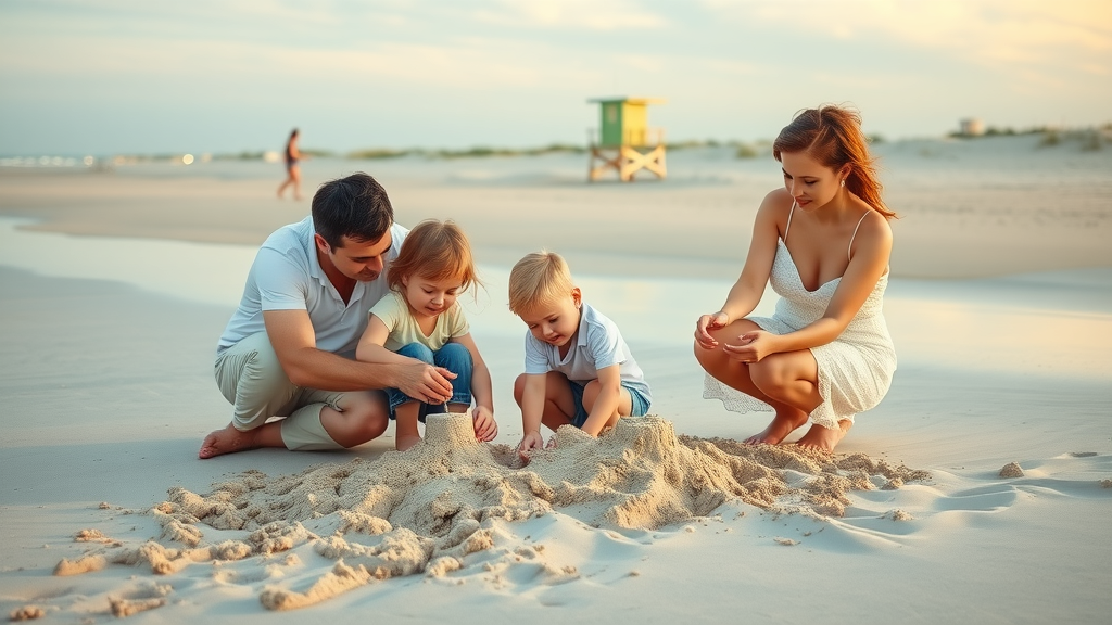 peaceful family with young children at North Myrtle Beach, kids building sandcastles, best kid-friendly beaches in Myrtle Beach