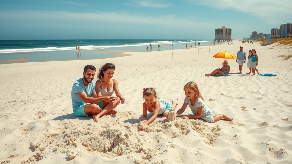vibrant Myrtle Beach shoreline, smiling families playing, children building sandcastles, Myrtle Beach family fun, expansive sunny beach, blue ocean and beach activity
