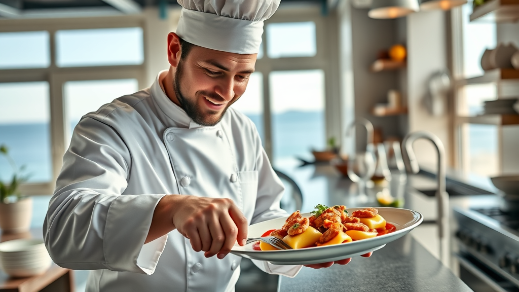 Italian chef preparing lobster ravioli in open kitchen with ocean view, Myrtle Beach Villa Tuscanna